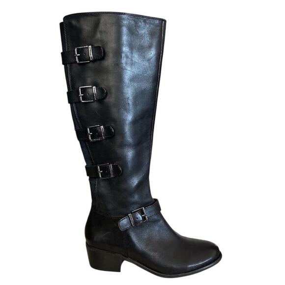 Arturo Chiang Black Riding Boots Knee High Buckle Strap Leather Women’s 7,5 - Picture 3 of 11